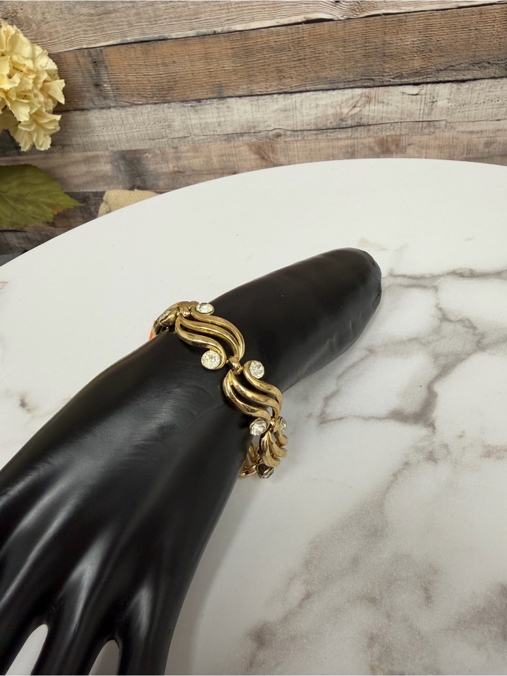 Vintage gold tone 3 wave bracelet with rhinestones OS